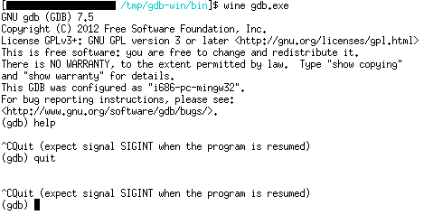 GDB 7.5 under Wine 1.6-rc4, terminal emulator is Xterm 294.