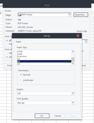 Screenshot of the wine printer dialog.